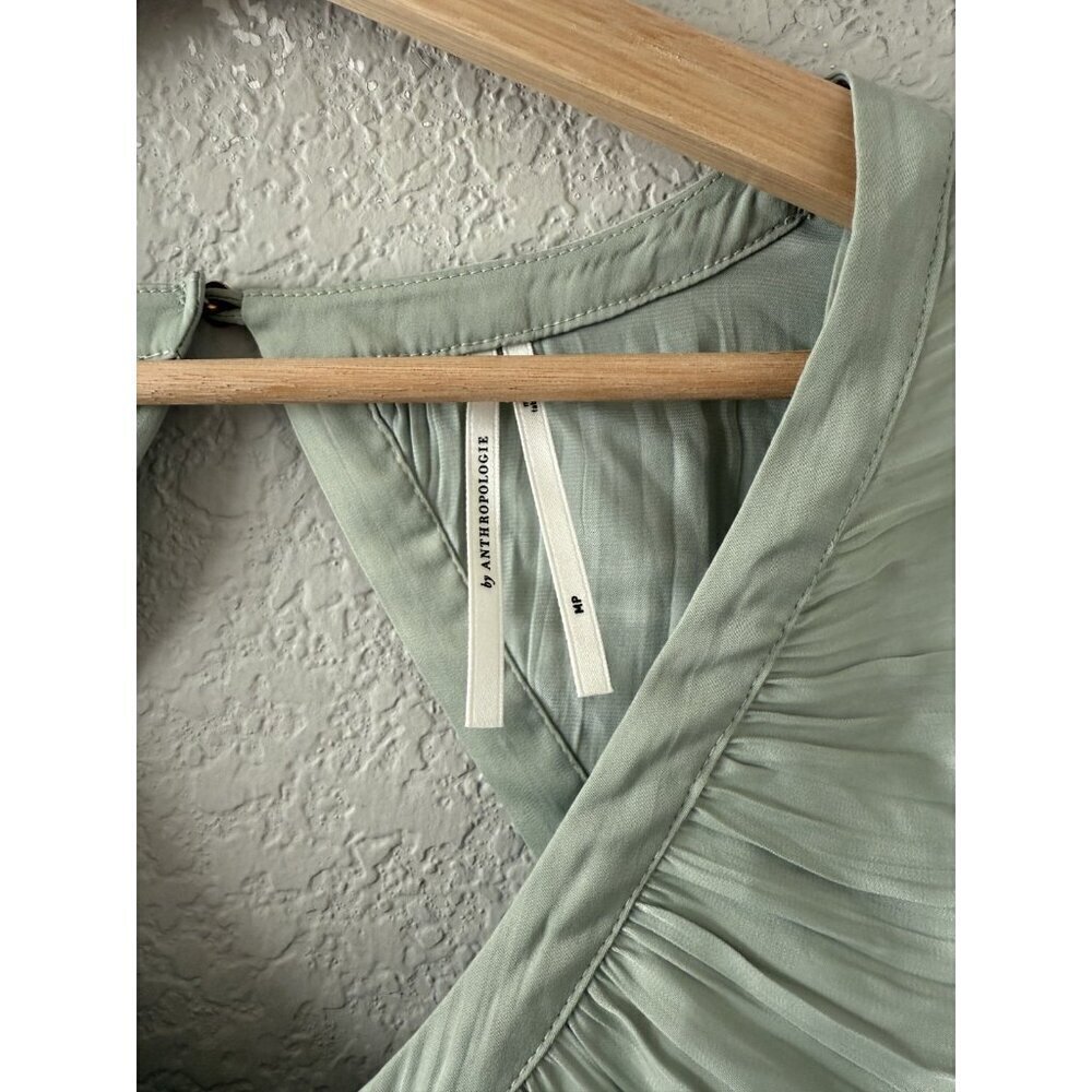 By Anthropologie Mint Green Blouson Corset Style Open Back Silky Top Elegant MP - Picture 6 of 9